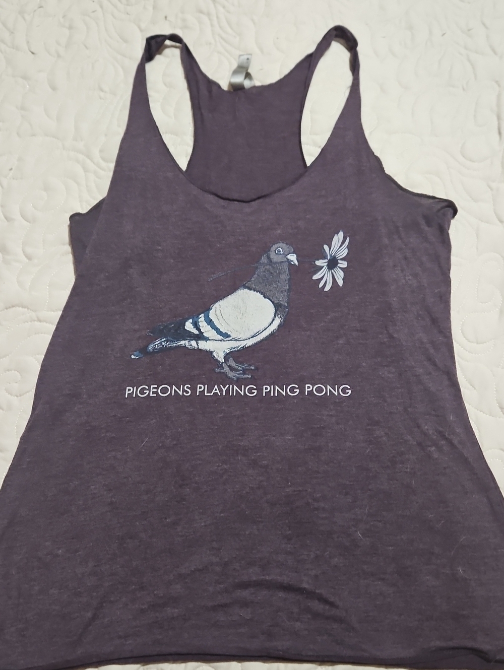 Pigeons Playing Ping Ping Next Level Heathered Purple Tank Top Med.